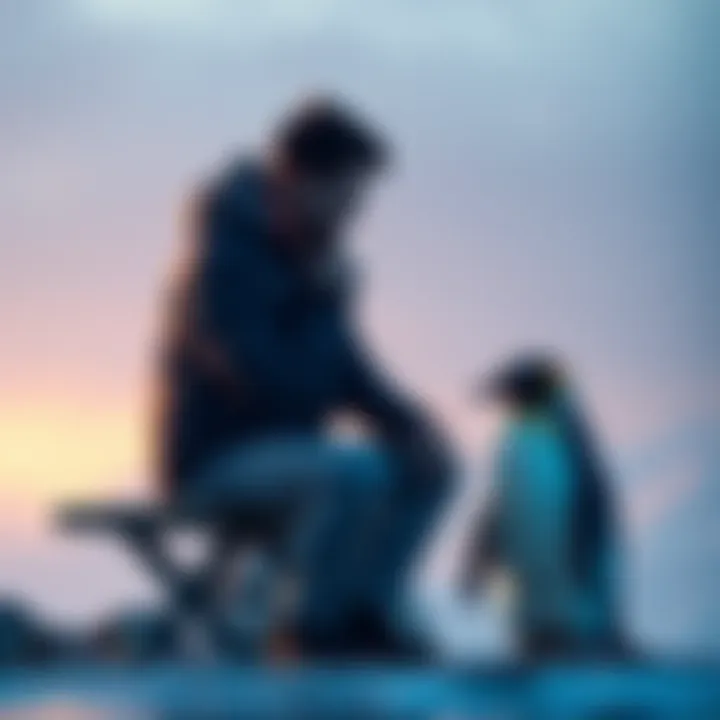 An individual sitting on a bench, deep in thought, with a cold, white penguin nearby, symbolizing their quest for insights.